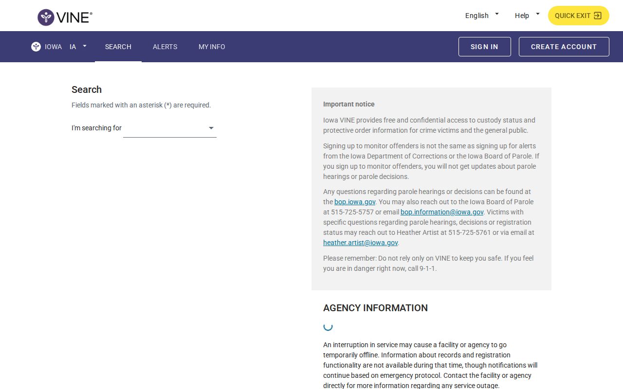 Adams County VINELink custody search interface for Iowa arrest notifications